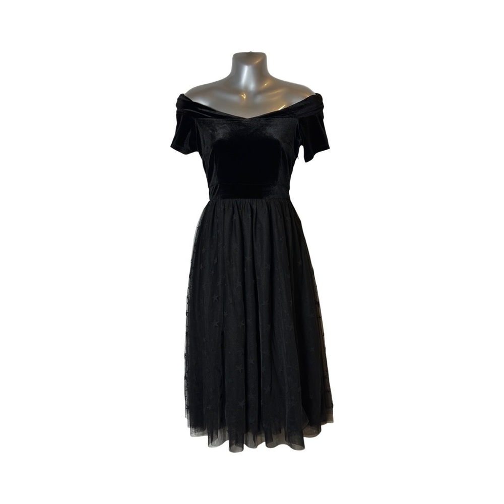 Modcloth Retro Uplifting Aura Off Shoulder Black Velvet Midi Dress Size Medium